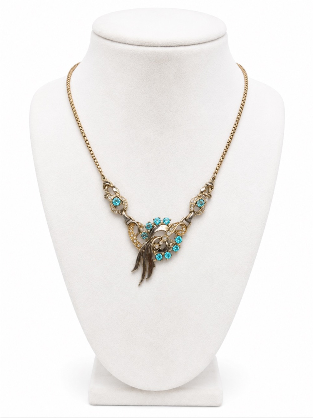 Gold Tone “VTG” Turquoise Rhinestone Statement Necklace
